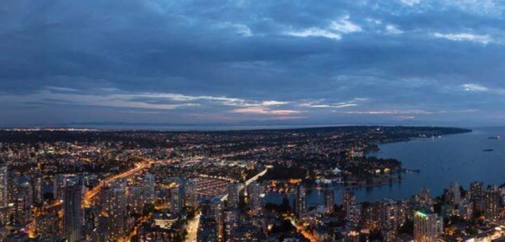 Aerial 360 future views Vancouver twilight
