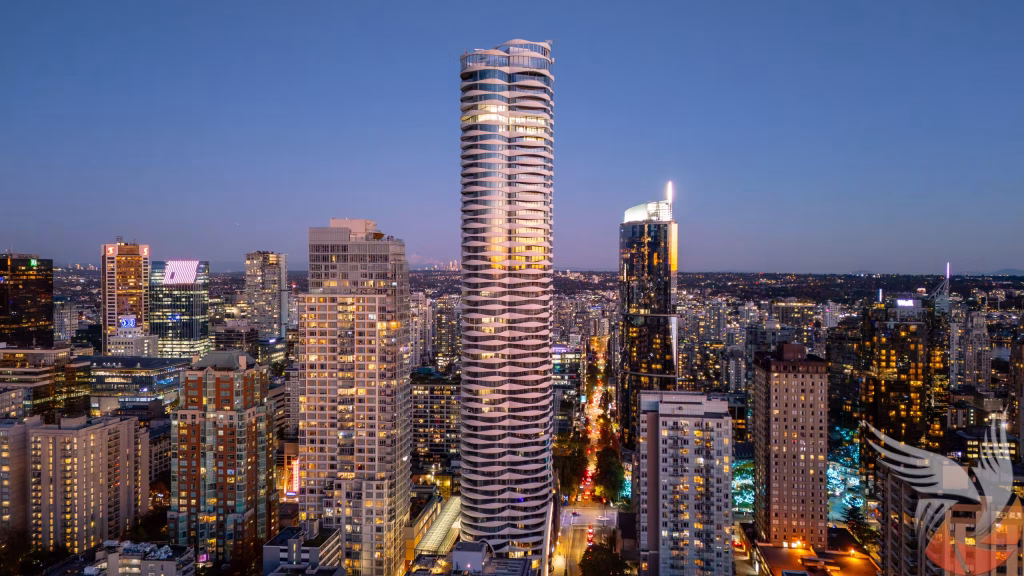 Aerial commercial buildings sunset